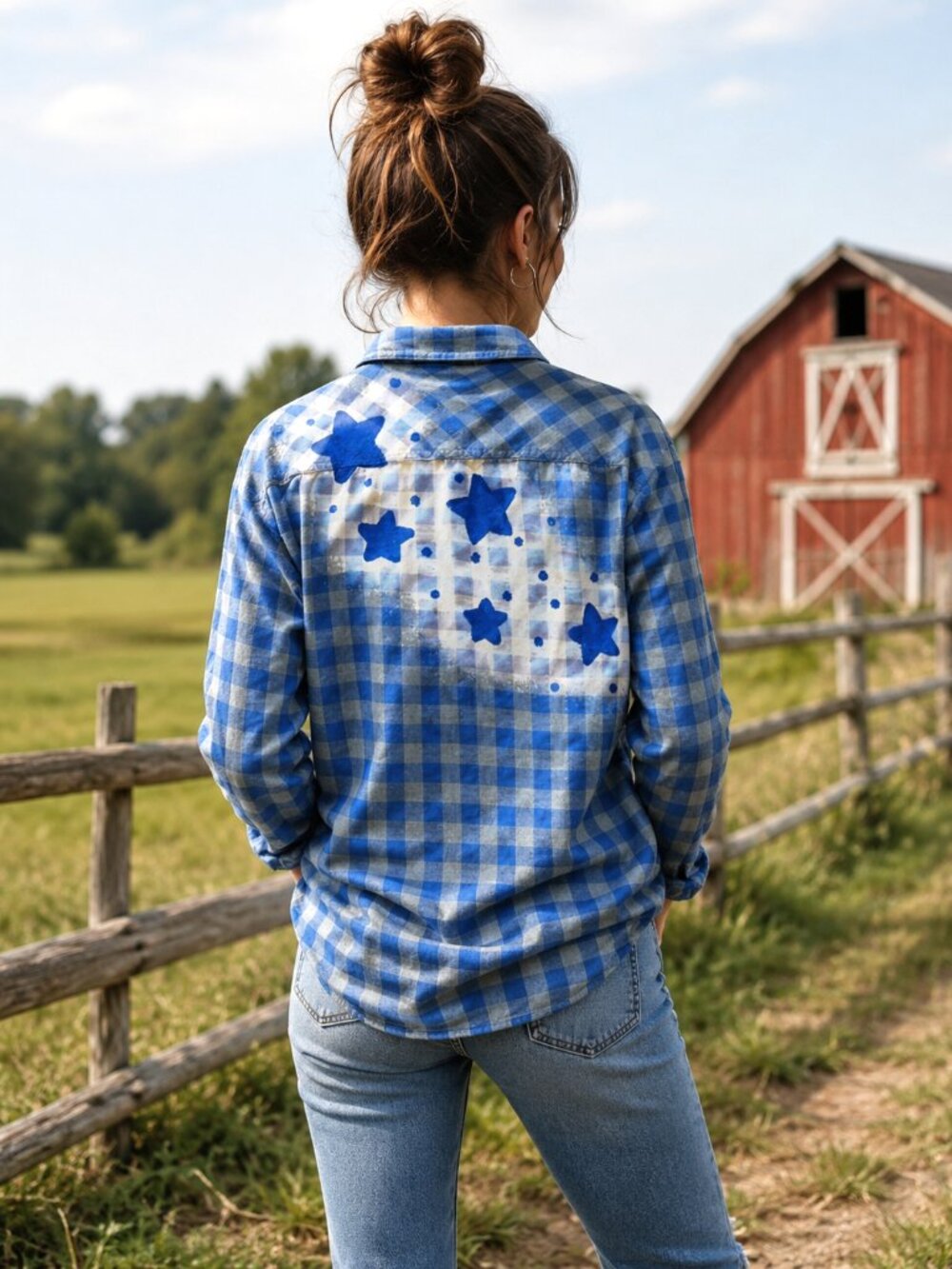 Western Bleached Flannel Shirt, Upcycled Blue Plaid Stars Women’s Size Small